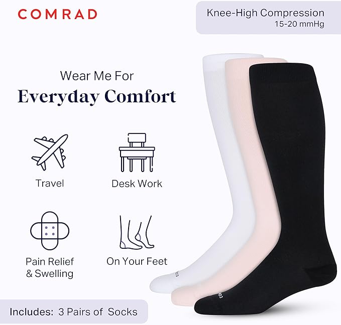 Comrad Nylon Knee High Socks - 15-20mmHg Graduated Compression Socks - Soft & Breathable Support Unisex Socks