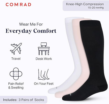 Comrad Nylon Knee High Socks - 15-20mmHg Graduated Compression Socks - Soft & Breathable Support Unisex Socks