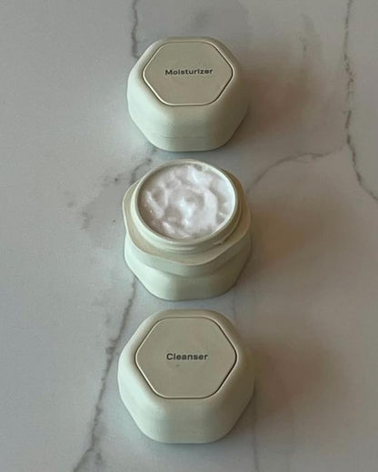 Cadence Travel Containers Basic Skincare Set - Magnetic Containers with Lids,Carry On Travel Essentials For Women/Men - 3 Small Capsules (0.56oz) - Cleanser, Moisturizer & Sun-Icon Labels - Sand