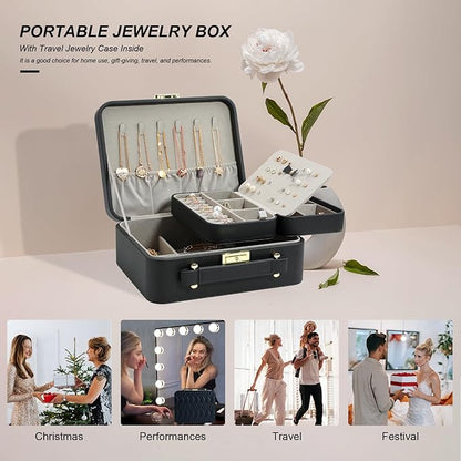 Portable Jewelry Box, Large Travel Jewelry Case Organizer (Black)