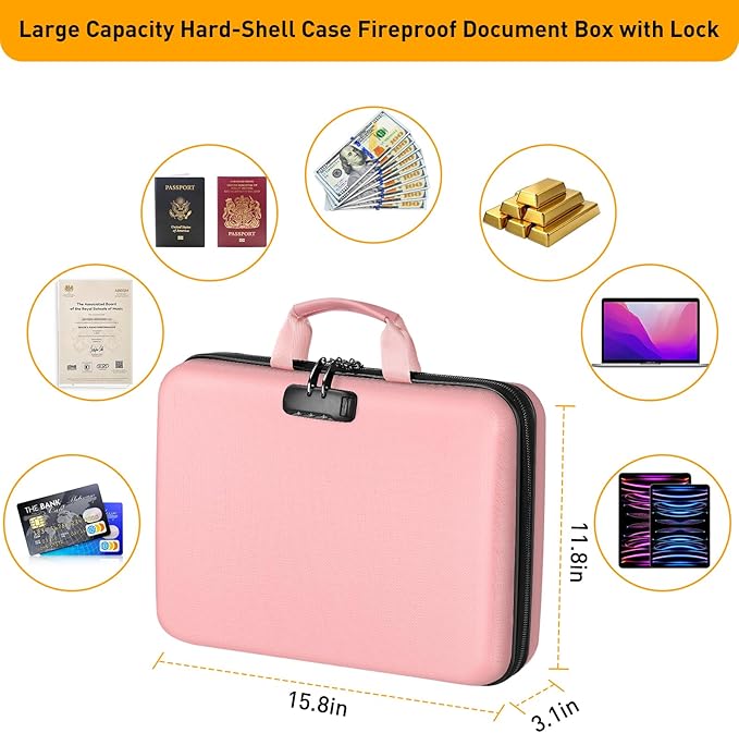 Fireproof Document Organizer with Lock, File Organizer Safe Box Fireproof Waterproof, Hard Shell Fire Proof Document Bag with 13 Pocket Accordion File Folders, Home Storage Office Organization