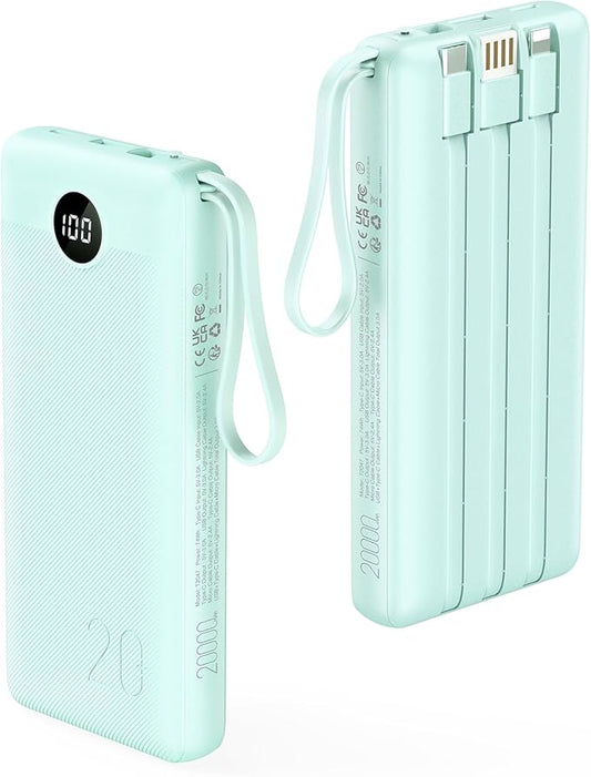 VRURC Portable Charger 20000mAh, Built-in Cables Fast Charging Power Bank, PD QC 3.0 Travel Essentials Battery Pack, 4 Output & 2 Input Phone Charger for iPhone16 15 14 13 X, Samsung, Android-Green