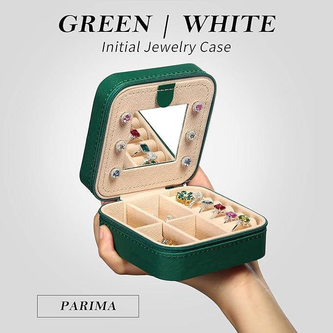 Parima Travel Jewelry Box for Girls Women, Initial Organizer Must Haves Case Necklace Earrings Ring Gifts Women, Green