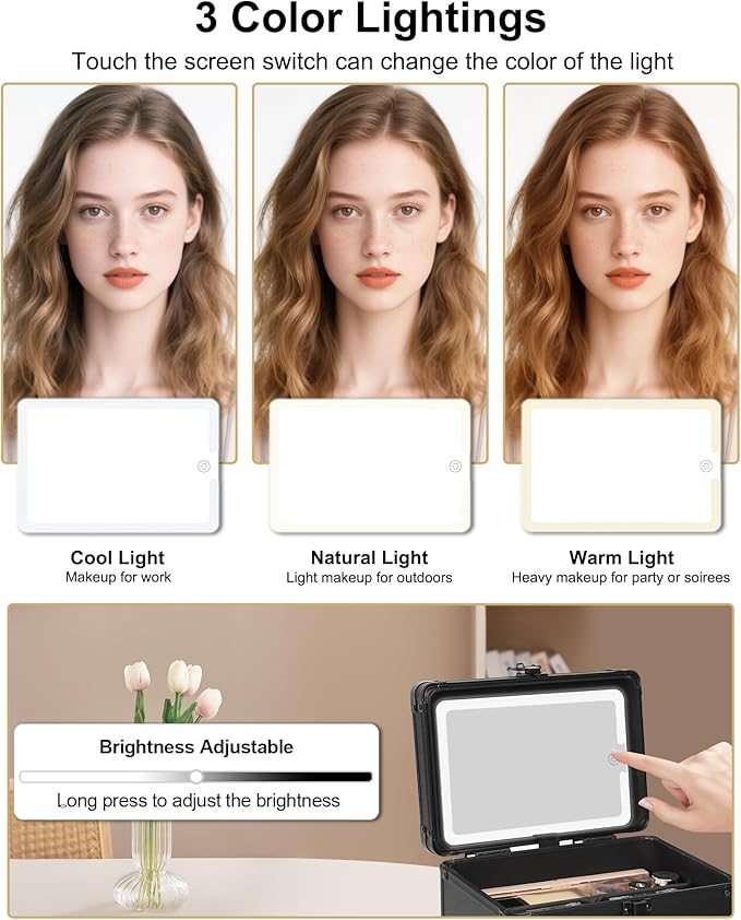 Relavel Makeup Bag with LED Mirror, Travel Cosmetic Train Case with 3 Colors Light up Mirror, Portable Makeup Aritst Storage Organizer Box with Brush Holder, Birthday Gifts for Women and Girls, Black