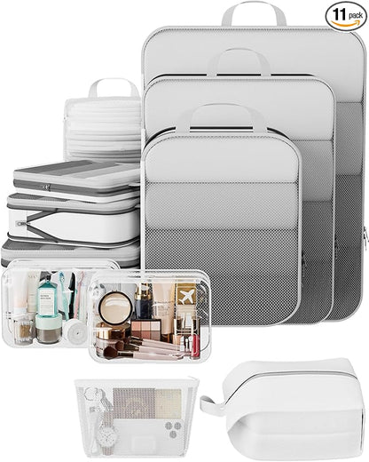 Veken 11 Set Compression Packing Cubes for Travel Essentials,Compressible Expandable Large Luggage Suitcase Organizer Bags for Clothing,Durable Space Saver Storage Bags with Toiletry Bags(White)