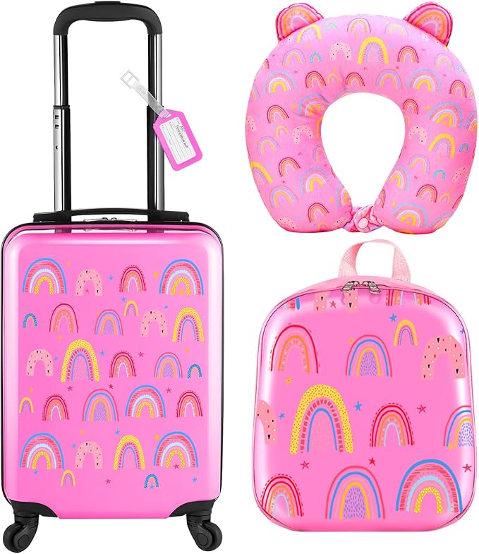 Sanwuta 4 Pcs Kids Luggage Set Backpack Travel Rolling Suitcase U-shape Pillow Christmas Children Gift for Girls Boys(17 Inch,Rainbow Style,Pink)