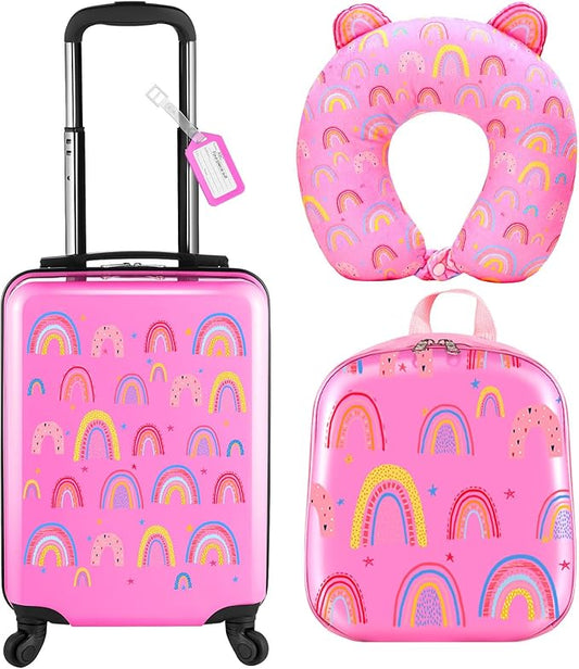 Sanwuta 4 Pcs Kids Luggage Set Backpack Travel Rolling Suitcase U-shape Pillow Christmas Children Gift for Girls Boys(17 Inch,Rainbow Style,Pink)