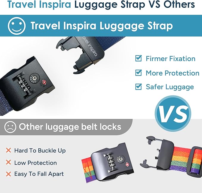 Travel Inspira Luggage Straps TSA Approved with TSA Lock Adjustable Luggage Straps Combination Lock for Suitcase Nylon Suitcase Travel Belt‎ TSA Approved Buckle Included Tags identifiers (Blue)