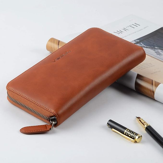 VISOUL Leather Long Zipper Pouch Wallet for Men and Women with RFID Blocking, Large Clutch Cash Long Wallet with Zipper (Orange)