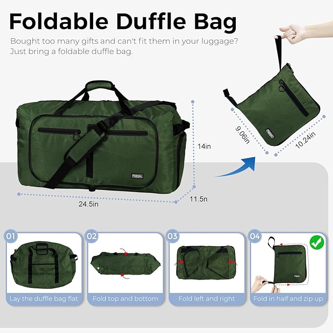 Fmeida 65L Duffle Bag with Shoes Compartment, Foldable Travel Duffel Bags for Men Women, Large Packable Travel Bag Water Repellent & Tear Resistant (Green)