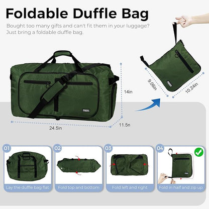 Fmeida 65L Duffle Bag with Shoes Compartment, Foldable Travel Duffel Bags for Men Women, Large Packable Travel Bag Water Repellent & Tear Resistant (Green)