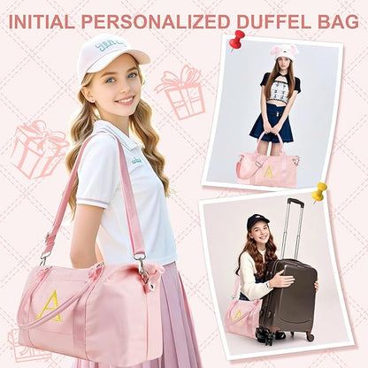 Personalized Initial Gym Dance Bag, Travel Duffel Bag for Teen Girls, Carry On Bag Overnight Weekender Bag with Trolley Sleeve, Birthday Gifts for Women Mom Daughter Graduation Gift(Letter A, Pink)