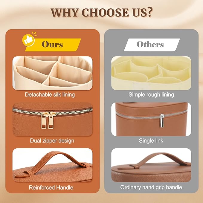 Makeup Case for Women,Travel Make Up Bag Organizer With Compartments and Handle,Portable Cosmetic Bags for Girl,Toiletry Bag for Women - Brown