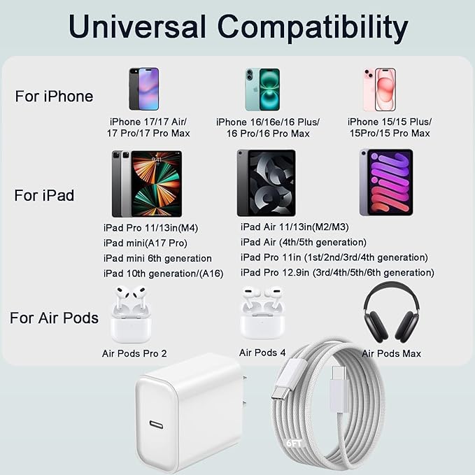 iPhone 17 16 15 Charger Fast Charging 20W Type C Charger Fast Charging with 6FT USB C Woven Cord for iPhone 17/17 Pro/17 Pro Max/17 Air/16/16e/16 Plus/16 Pro/16 Pro Max/15/15 Pro Max/iPad Pro/Air Pods