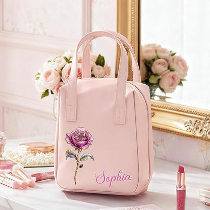 callie Personalized Makeup Bag - Custom Name & Birth Flower, Leather Cosmetic Organizer Travel Bag with Double Zippers & Handle, Birthday Christmas Gift for Women