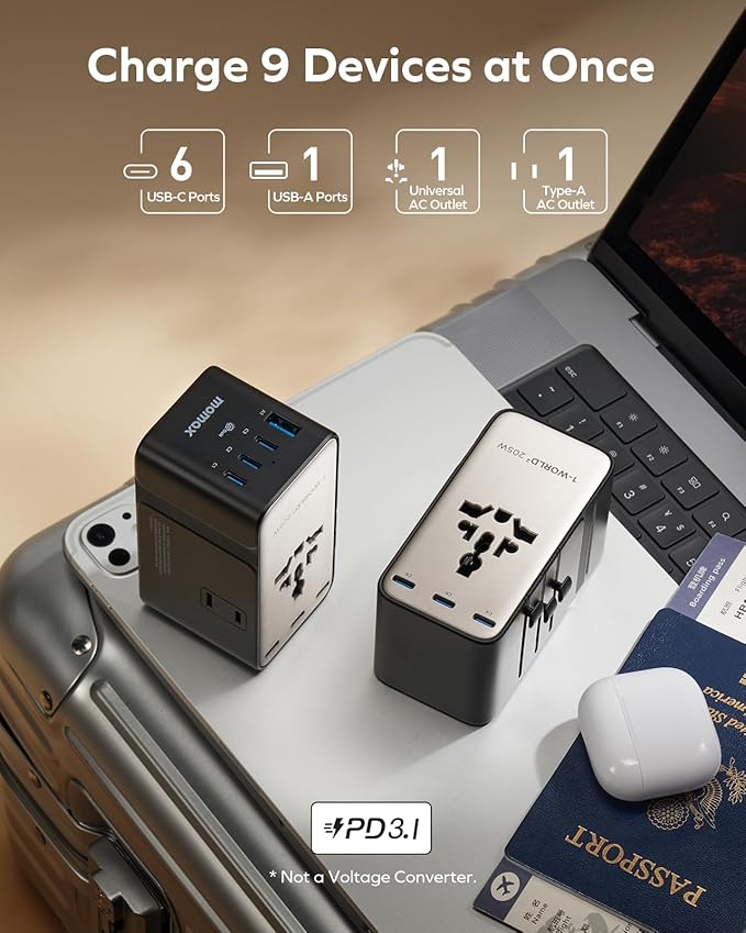 MOMAX GaN 205W Universal Travel Adapter, 9-in-1 European Travel Plug Adapter, 6 USB-C PD Fast Charging & 1 USB-A QC, 2 AC, International Power Adapter UK AUS JP, Travel Essentials