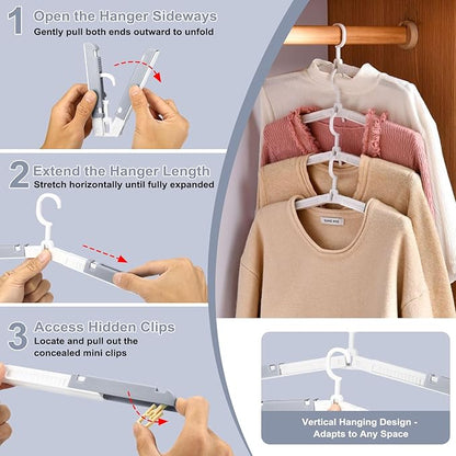 6 Pack Foldable Travel Hangers with Clips & Adjustable Clothesline, Portable Collapsible Hangers with Storage Bag for Suitcase, Hotel, RV, Cruise Essentials Set (Grey)