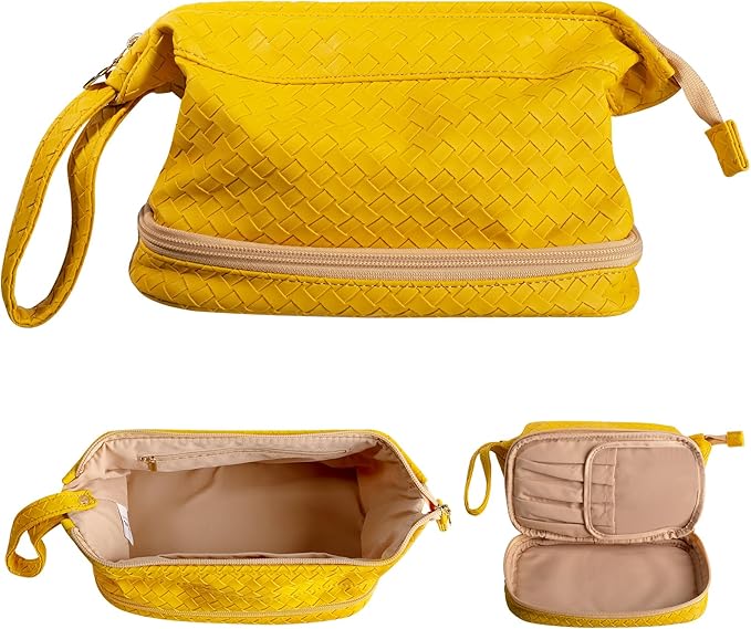 Abiudeng Large Capacity Makeup Bag Ladies Cosmetic Bag Travel Bag with Compartments Portable PU Leather Travel Makeup Bag with Handle