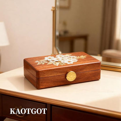 Travel Jewelry Case Small Wood Jewelry Organizer Jewelry Box for Women (Nut-Brown Print B)