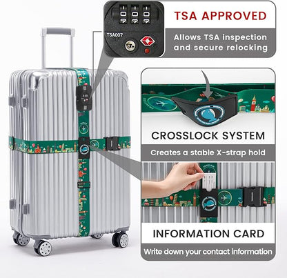 Travelkin Luggage Straps TSA Approved - Adjustable Cross Suitcase Straps with TSA Lock, Reinforced Buckle, Unique Pattern - Secure Heavy Duty Luggage Straps for Travel (Green)