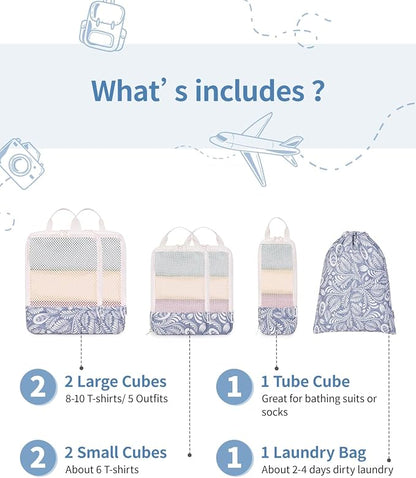 Narwey 6 Set Compression Packing Cubes for Travel Kids Women Carry on, Packing Organizers Bag for Backpack Luggage Suitcase Duffle Bags