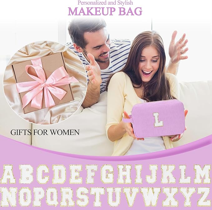 Personalized Initial Makeup Bag Trendy Stuff Corduroy Cosmetic Bag Travel Toiletry Bag for Women, Christmas/Thanksgiving/Halloween Gifts Makeup Organizer Case for Teen Girls Mom Girlfriend Wife.