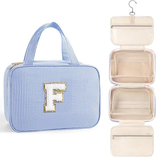 TOPEAST Gifts for Friends - Friendship Gifts for Women, Travel Toiletry Bag for Women, Hanging Toiletry Bag, Monogrammed Initial Toiletry Pouch Makeup Bag - Letter F, Blue