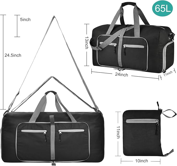 Dimayar 65L Travel Duffle Bag for Men Women - Foldable Duffel Bag with Shoes Compartment - Overnight Bags Waterproof & Tear Resistant(Black)