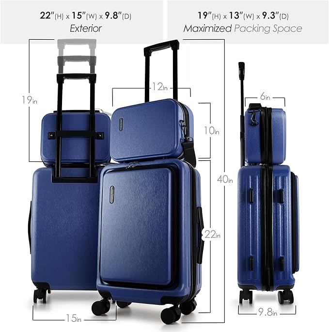 20 Inch Carry On Luggage 22x14x9 Airline Approved, Carry On Suitcase with Wheels, Hard-shell Carry-on Luggage, Durable Luggage Carry-On, Navy Small Suitcase with Cosmetic Case