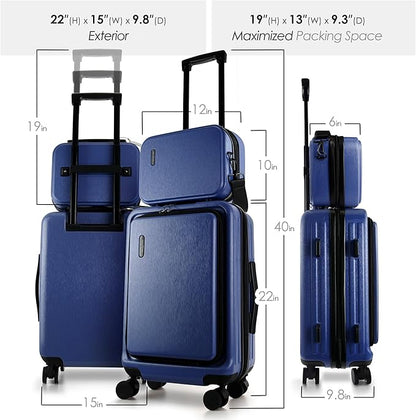 20 Inch Carry On Luggage 22x14x9 Airline Approved, Carry On Suitcase with Wheels, Hard-shell Carry-on Luggage, Durable Luggage Carry-On, Navy Small Suitcase with Cosmetic Case