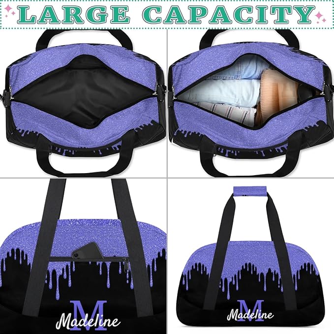 Personalized Kids Sports Duffel Bag with Name Custom Weekender Overnight Bag for Boys Girls Gym Bag Travel Dance Gymnastics Duffel Bag, Blue Purple Glitter