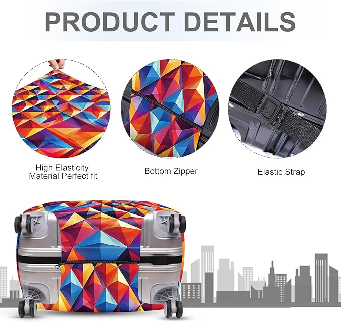 ANNA QUEEN Colorful Geometric Luggage Cover, Abstract Prism Pattern Suitcase Protector, Stretchable, Washable Travel Cover for 32-34 Inch Luggage, Bright, Durable & Eye-Catching