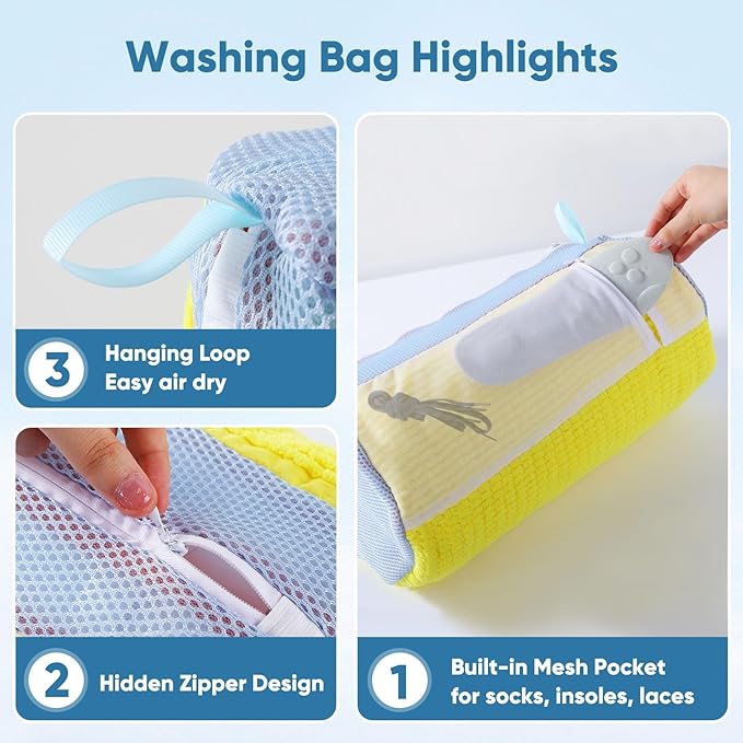 Shoe Washer Machine Bag 2Pack - Reusable Shoe Laundry Bag with Mesh Socks Washing Bag - 360°Deep Protective Cleaning Bags for Sneakers Delicate Footwear - Home Dorm Travel Essentials, Yellow