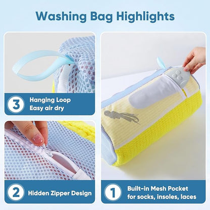 Shoe Washer Machine Bag 2Pack - Reusable Shoe Laundry Bag with Mesh Socks Washing Bag - 360°Deep Protective Cleaning Bags for Sneakers Delicate Footwear - Home Dorm Travel Essentials, Yellow