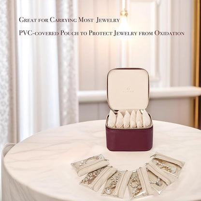 Vlando Travel Jewelry Box Organizer - 6 Small Velvet Zipped Pouches Pockets for Jewelries Necklaces Rings Earrings Sorting Storage, Burgundy