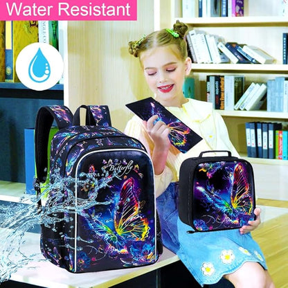 WZLVO 3PCS Butterfly Backpack for Girls, 16" Kids Preschool Bookbag with Lunch Box, Water Resistant School Bag for Elementary Kindergarten Toddler