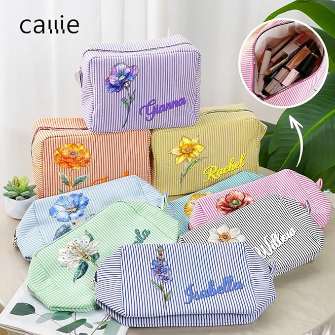 callie Personalized Makeup Bag - Custom Name & Birth Flower, Cosmetic Organizer Make Up Bag with Zipper, Birthday Christmas Travel Gifts for Women