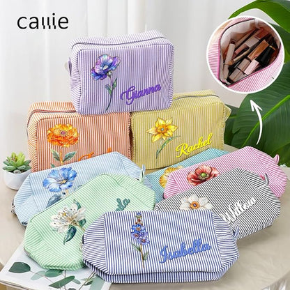 callie Personalized Makeup Bag - Custom Name & Birth Flower, Cosmetic Organizer Make Up Bag with Zipper, Birthday Christmas Travel Gifts for Women