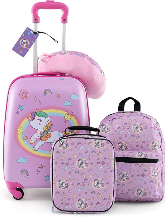 BABY JOY Kids Luggage, 5 Pieces Luggage Set w/ 16" Carry-on Hardshell Spinner Toddler Suitcase, 13" Backpack, Neck Pillow & Insulated Lunch Bag, Travel Kids Rolling Suitcase for Girls (Pink Pony)