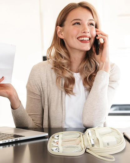 BAGSMART Travel Cord Organizer Electronics Case, Double Layers Puffer Cable Organizer Bag Travel Essentials for Women, Tech Organizer Case for Charger, Phone, Flash Drive - Beige