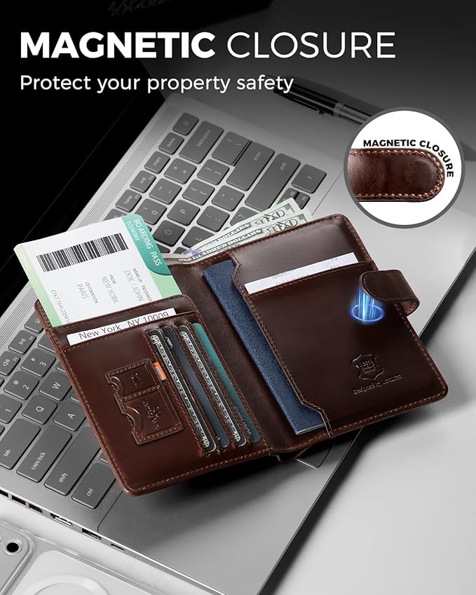 LORZOR Passport Holder for Travel: Full Grain Leather Passport Cover with Airtag Holder Magnetic Buckle for Men - RFID Blocking Bifold Wallet for Air Ticket Card Cash Coin (Brown)
