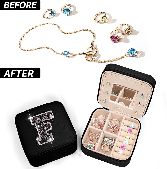 Personalized Jewelry Case for Women Girls - Fashion Mini Jewelry Boxes - Trendy Travel Jewelry Organizer with Initials Letter - Teen Gifts | Black,F