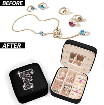 Personalized Jewelry Case for Women Girls - Fashion Mini Jewelry Boxes - Trendy Travel Jewelry Organizer with Initials Letter - Teen Gifts | Black,F