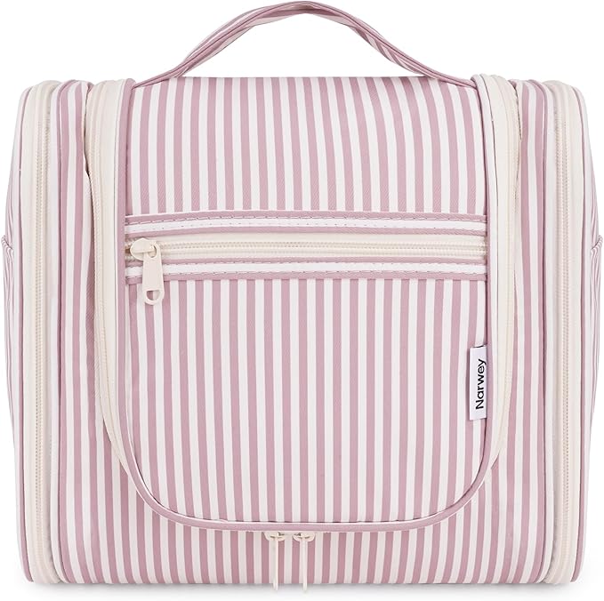 Narwey Striped Hanging Travel Toiletry Bag for Women, Travel Bag for Toiletries, Makeup Bag Organizer Cosmetic Bags Make Up Bags for Women (Dusty Rose Stripe)