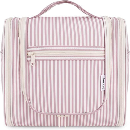 Narwey Striped Hanging Travel Toiletry Bag for Women, Travel Bag for Toiletries, Makeup Bag Organizer Cosmetic Bags Make Up Bags for Women (Dusty Rose Stripe)