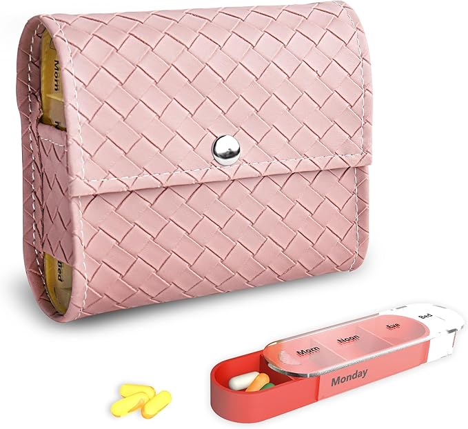 Pill Organizer,LIZIMANDU Weekly Travel Pill Case Box Medication Reminder Daily AM PM, Day Night 7 Compartments,for 4 Times A Day, 7 Days a Week-Includes Leather PU Carrying Case (1-Weave Purple)