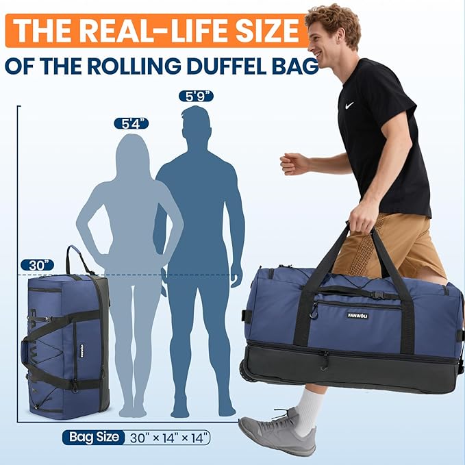 Fanwoli 30'' Large Rolling Duffle Bag with 2 Wheels - No-Sag Design for Heavy Loads, Expandable 100L-120L Duffel Wheeled Luggage with Soft Handle & Lock, Waterproof Foldable for Travel, Camping,Moving