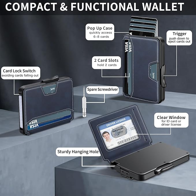 Wallet for Men, Mens Wallet Minimalist Slim Wallet, RFID Blocking Smart Pop Up Wallet with Money Clip & ID Window, Metal Compact Wallet, Aluminum Credit Card Holder Wallet