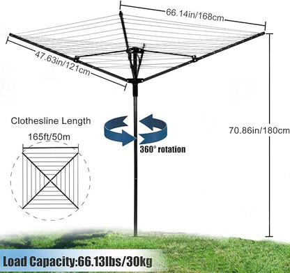 A-xctoe Rotary Outdoor Umbrella Drying Rack Adjustable Height Clothesline w/Waterproof Protective Cover Folding Rotary Dryer with 4-Aluminum Arms and Steel Post | 12-Lines with 165 ft Clothesline