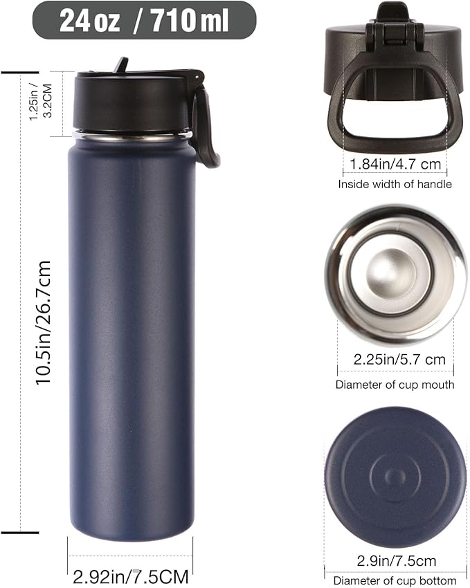 Volhoply 24oz Insulated Water Bottle With Straw Bulk 3 Pack,Metal Wide Mouth Water Bottles With Handle Lid Keep Cold,Reusable Double Wall Cups,Powder Coated Sport Bottle For Holder(Navy,3 Count)